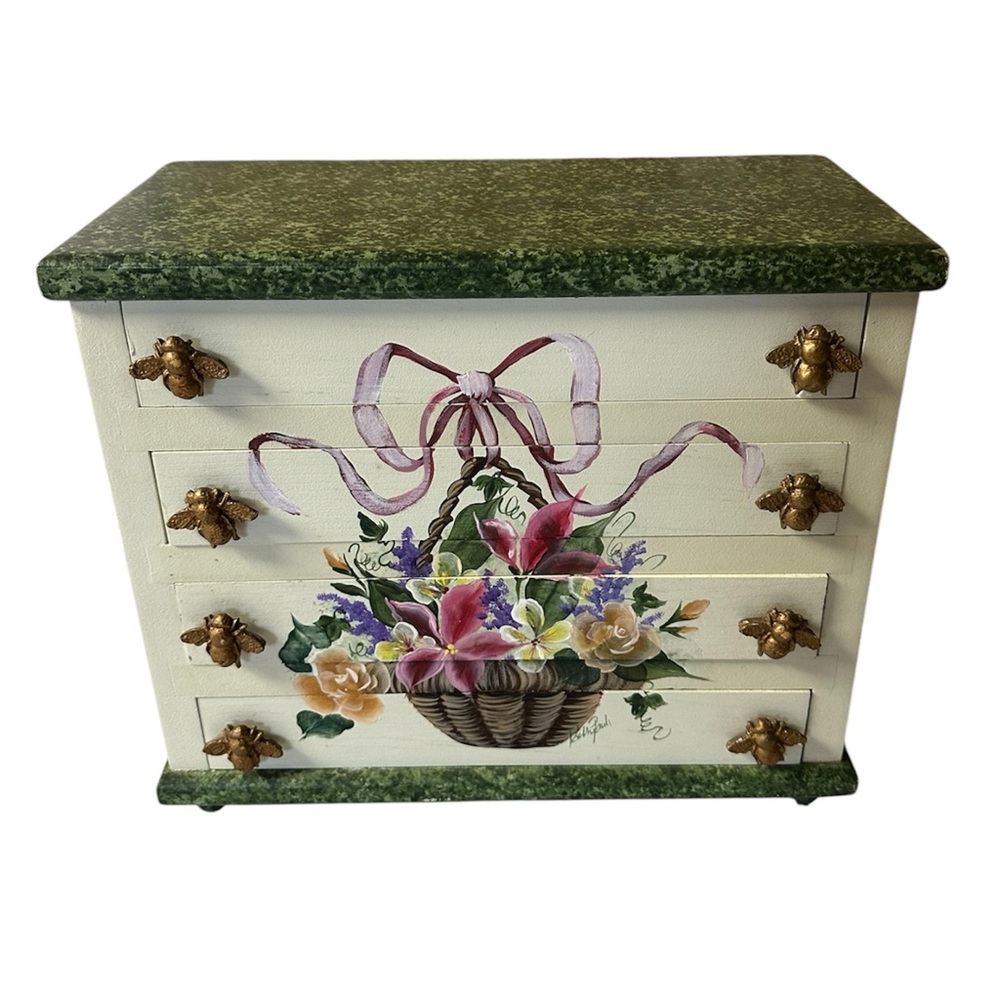 Hand-Painted Wooden Jewelry Box with Gold Bee Knobs